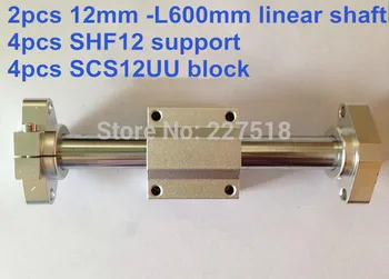 12mm linijinis komplektas: 2vnt 12mm - 600mm linijinis turas velenas +4pcs SHF12 veleno parama+4pcs SCS12UU linijinis guolių bloko