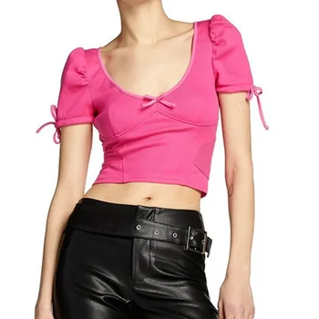 2021 Naujas Vasaros Y2k Gotikos Seksualus Low-cut Apvalios Kaklo Mielas Rose Pink Megzti moteriški marškinėliai Harajuku O peteliškę Lankas Trumpas T-shirt