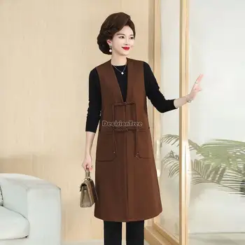 2023 naujų rudens moterims dėvėti kinijos disko sagtis, mada, retro stiliaus ilga berankovė liemenė v-kaklo, elegantiška moteris ilgai vest s803
