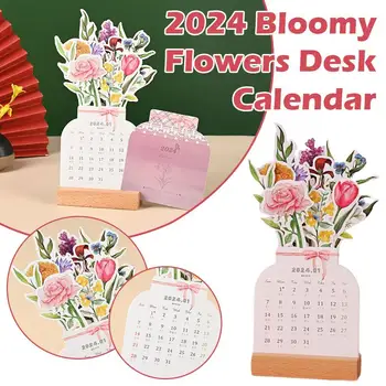 2024 m. Bloomy Gėlių Stalinis Kalendorius su Mediniais Kortelės Tipas 12 Mėnesių Jan Gruodis Stalinio Kalendoriaus Apdailos 1pcs