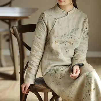 2024 m. kinijos retro spausdinti pliušinis sutirštės suknelė laisvi ir slim qipao sijonas moterims, elegantiškas cheongsam suknelė retro qipao suknelė