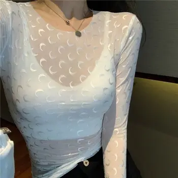 Akių apsaugos nuo Saulės Long Sleeve T-Shirt Žr.-per Dizaino ir Nėrinių Detalės Moterų Vasaros Mėnulis Modelis