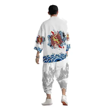 Animacinių Filmų Banga Karpis Spausdinti Baltas Kimono Apkarpyti Kelnės Nustatyti Moterų Ir Vyrų Japonijos Haori Azijos Streetwear Cardigan Yukata Cosplay