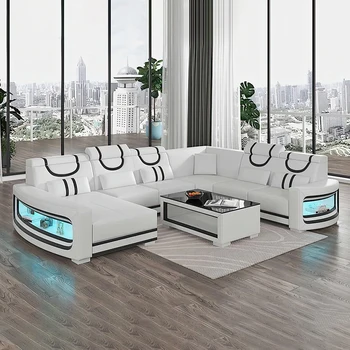Atnaujinkite Savo Kambarį su Linlamlim italijos natūralios Odos Sofa - 2 Spalvų Derinys, LED Light & Minkštos Pagalvėlės