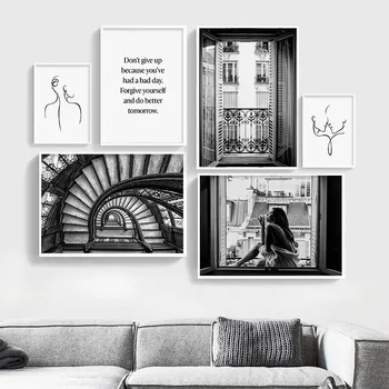 Black & White Window Mergina, Drobės, Sienos, Šiaurės Spausdinti Plakatai Abstraktus Piešinys Meno Tapybos Įkvepiantį Vaizdą Namų Dekoro