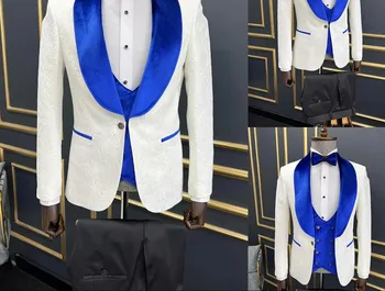 Custom Mados Vestuvių Kostiumas Vyrams Oficialų Balta žakardo su blue velvet Jaunikis Prom Švarkas Vyrų trajes de hombre, kostiumų homme 턱시도