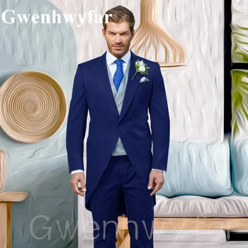 Gwenhwyfar 2022 Atvartas vyriški Vestuvių Kostiumą Užsakymą Mėlynos spalvos Pledas Vest Jaunikis Royal Blue Smokingas Trijų dalių Rudenį Geriausią Vyro Kostiumas Homme