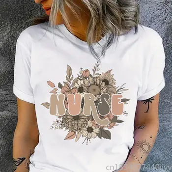 Gėlių Slaugytoja Tshirts Grafika Tee Marškinėliai Moterų Trumpomis Rankovėmis Vasaros Viršūnes