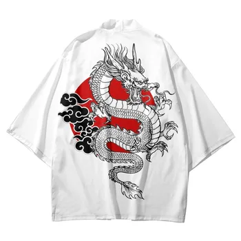 Japonijos Vyras Kimono Apranga Anime White Dragon Spausdinti Kimono Ir Šortai Samurajus Haori Yukata Megztinis Marškinėliai