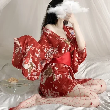 Japonų Kimono Vienodas Cosplay Seksualus apatinis Trikotažas Apranga Satino Lankas Juosmens Diržas su Skraiste Pagundai Kostiumai Pižama Rinkinys Moterims