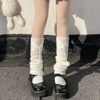 Juostelės Bowknot Kojų Šildytuvus Puikus Lolita Japonų Stiliaus Megzti Šiltas Lankas Ilgas Kojines Rudens Žiemos JK Baltas Juodas Kailio Kamuolys Kojinės