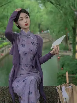Kinijos Derliaus Lady Qipao Kinijos Pagerėjo Qipao Nacionalinės Stilių, Pagerinti Moterų Cheongsam Violetinė Suknelė Seksualus Retro Qipao Rinkinys