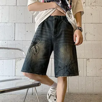 Korėjos Harajuku Voro Voratinklis Spausdinti Džinsinis Trumpas Vyrų Y2k Retro Plauti Hip-Hop, Punk Grunge Džinsai, Šortai Vasarą Moterys Streetwear