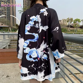 Mados Krano Spausdinti Japonų Stiliaus Kimono 2023 Vasaros Paplūdimio Cardigan Juoda Moterų Yukata Tradicinių Haori Obi Diržas