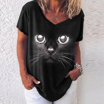 Mados Moteris Palaidinės 2023 T-shirt Moterų 3d Katės Spausdinti Black Kawaii V-kaklo Marškinėliai Moteriška Drabužių, Negabaritinių Vasaros Viršūnes Tees
