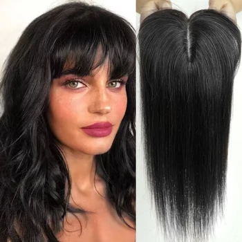 Natūralių juodų Plaukų Rėžtuvės su Kirpčiukais 100% Real Remy Human Hair Topper Šilko Bazės Įrašą Plaukų Gabalus, Juoda Moterų Ploni Plaukai