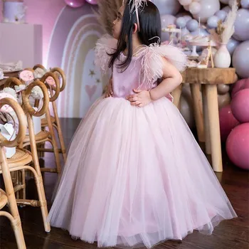 Paprastas Pink Gėlių Mergaičių Suknelės Plunksnų Tiulio Lilttle Vaikams Gimtadienio Konkurso Weddding Chalatai