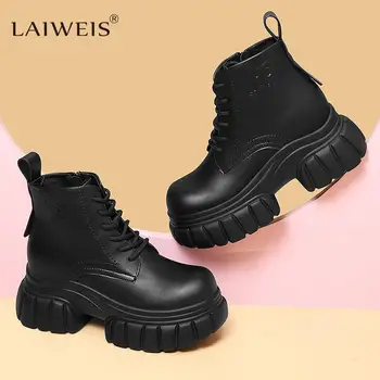 Platformos juodos Martin batai 2023 rudens žiemos naujas Britų stiliaus padidinti aukštis trumpas batai, universalus, lengvas moterų batai
