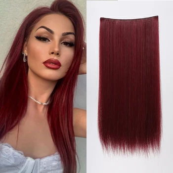 Sintetinių Ilgi Tiesūs Šukuosena Įrašą Plaukų Pratęsimo Vyno Raudona Nematomas Vienas Gabalas Hairpiece Pratęsimo Moterų Natūralių Plaukų