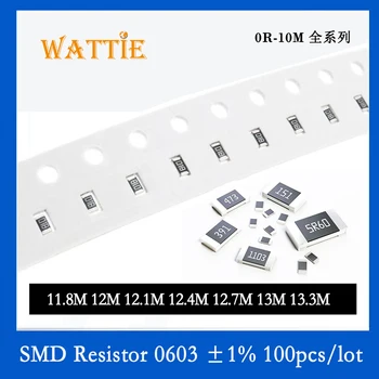 SMD Rezistorius 0603 1% 11.8 M 12M 12.1 M 12.4 M 12.7 M 13M 13.3 M 100VNT/daug chip resistors 1/10W 1.6 mm*0.8 mm aukščio megohm