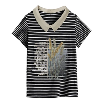Vasaros Dryžuotas Trumpas rankovėmis T-shirt Moterims, vidutinio amžiaus Ponios Dryžuotas Viršūnes Moterų Siuvinėjimo T Shirts