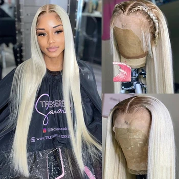 Visą Nėrinių Žmogaus Plaukų Perukai Platinum Blonde Tiesiai Nėriniai Priekiniai Perukas Remy Plaukai Balinti Mazgų 200% Skaidrus Nėriniai Perukai Moterims