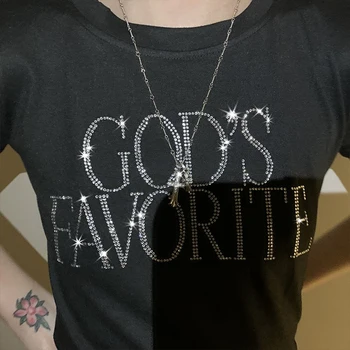 Y2K Streetwear Viršuje Moterų kalnų krištolas Dievo Mėgstamą trumpomis Rankovėmis T-shirt Gotikos Atsitiktinis Apkarpyti Viršūnes Vasaros Marškinėliai Amerikos Mados